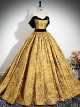 A-Line Off Shoulder Satin Gold Long Prom Dresses, Gold Long Formal Dresses